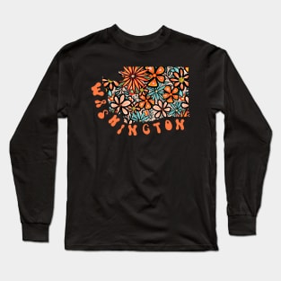 Washington State Design | Artist Designed Illustration Featuring Washington State Filled With Retro Flowers with Retro Hand-Lettering Long Sleeve T-Shirt